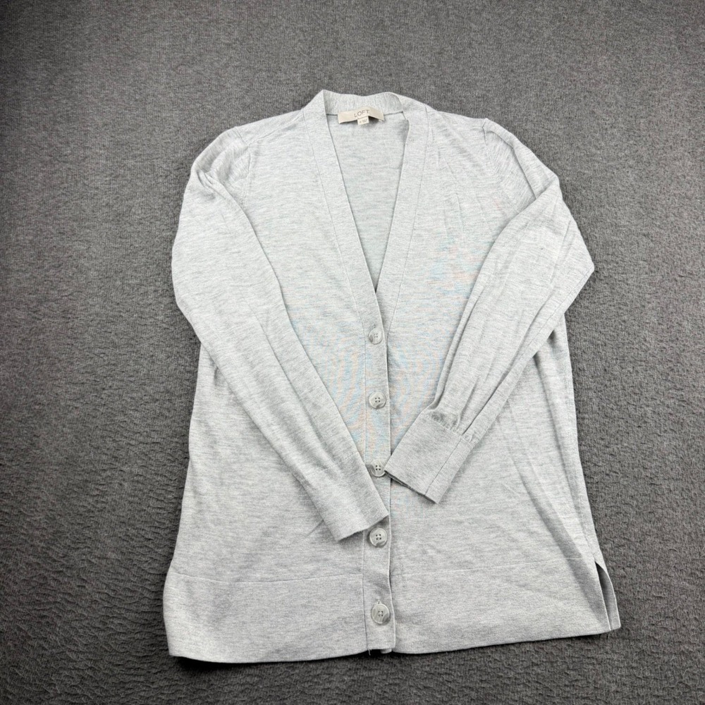 Loft Cardigan Sweater Womens Medium Gray Button Front V-Neck Long Sleeve Knit